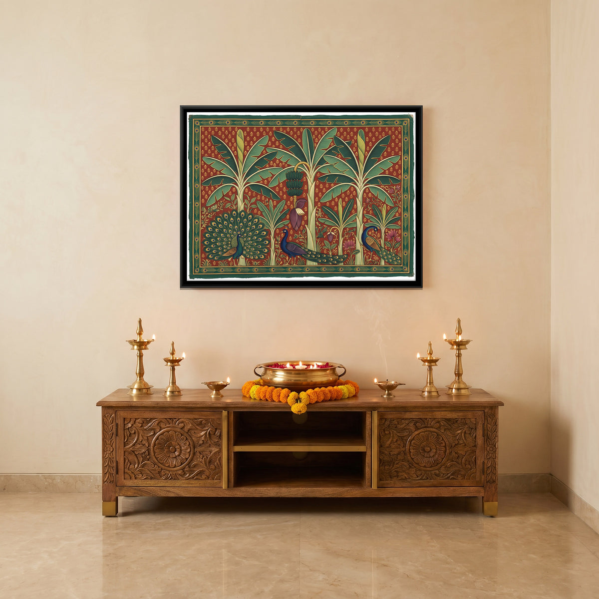Peacocks in a Banana Grove - canvas art shown in a styled room