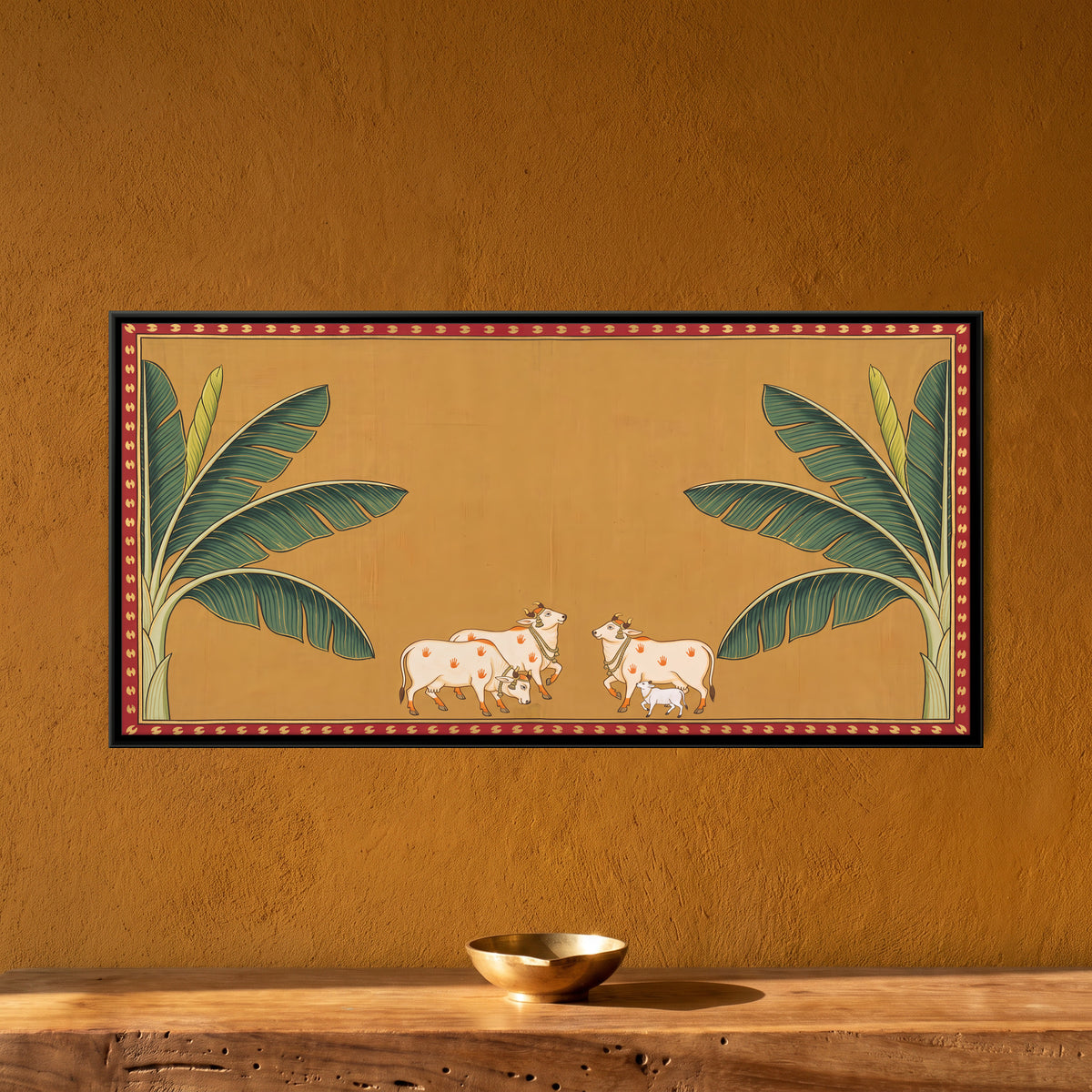 Cows Between Banana Trees - framed canvas art hung on a wall