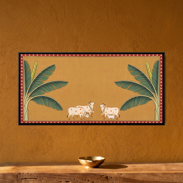 Cows and a Calf Between Banana Trees