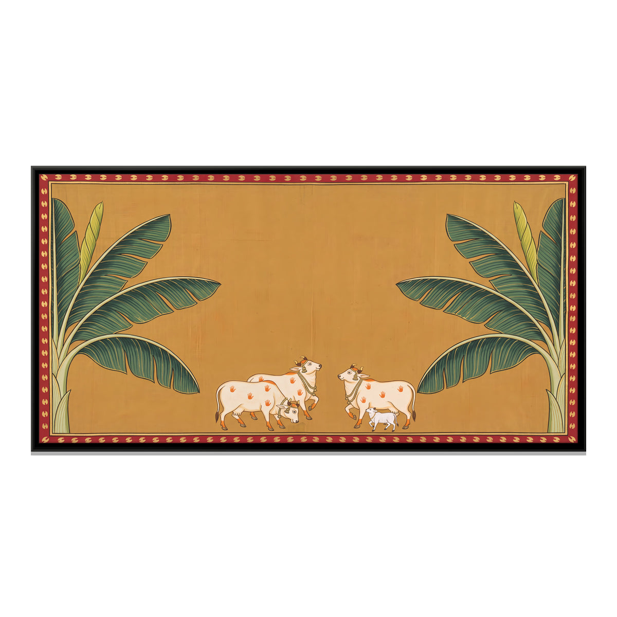 Cows Between Banana Trees - framed canvas print, front view