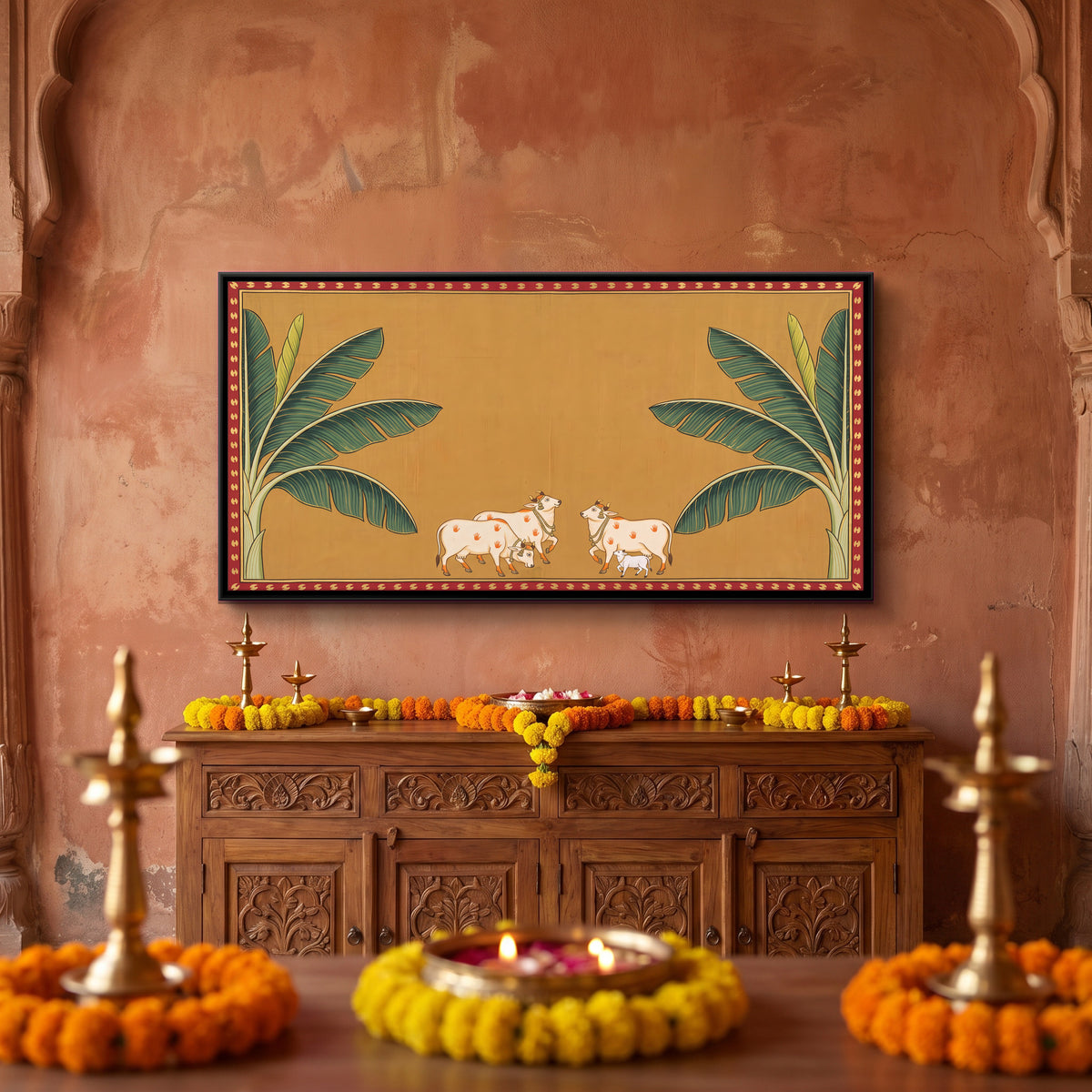 Cows Between Banana Trees - canvas art shown in a styled room