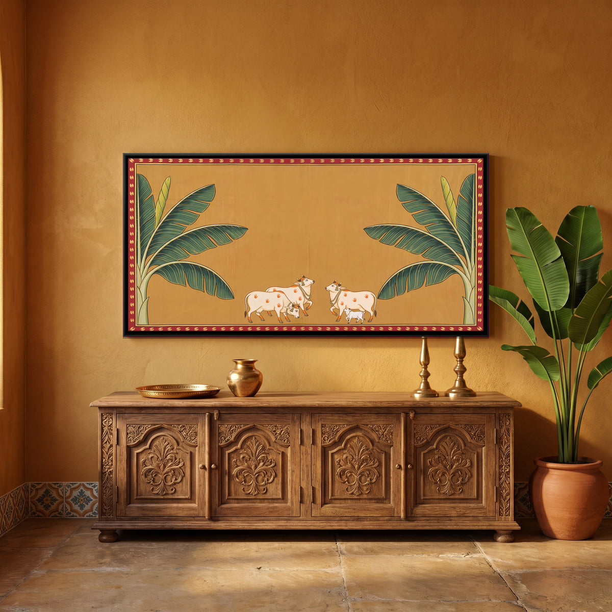 Cows Between Banana Trees - canvas art shown in a second room setting