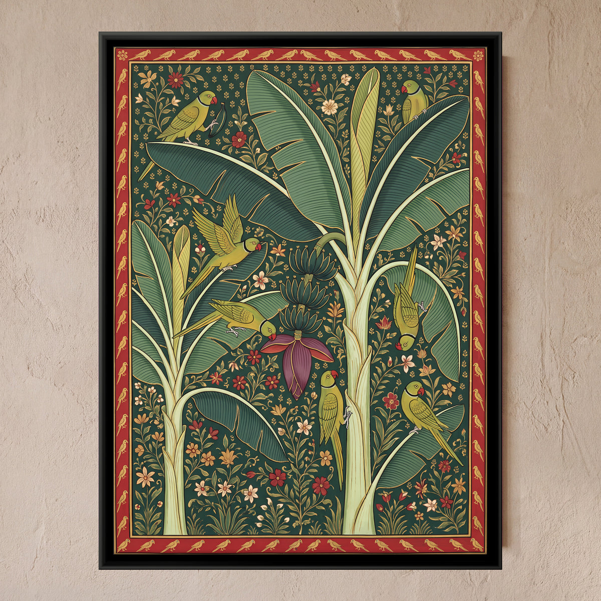 Parrots in a Banana Tree - framed canvas art hung on a wall