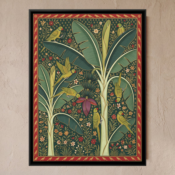 Parrots in a Flowering Banana Tree