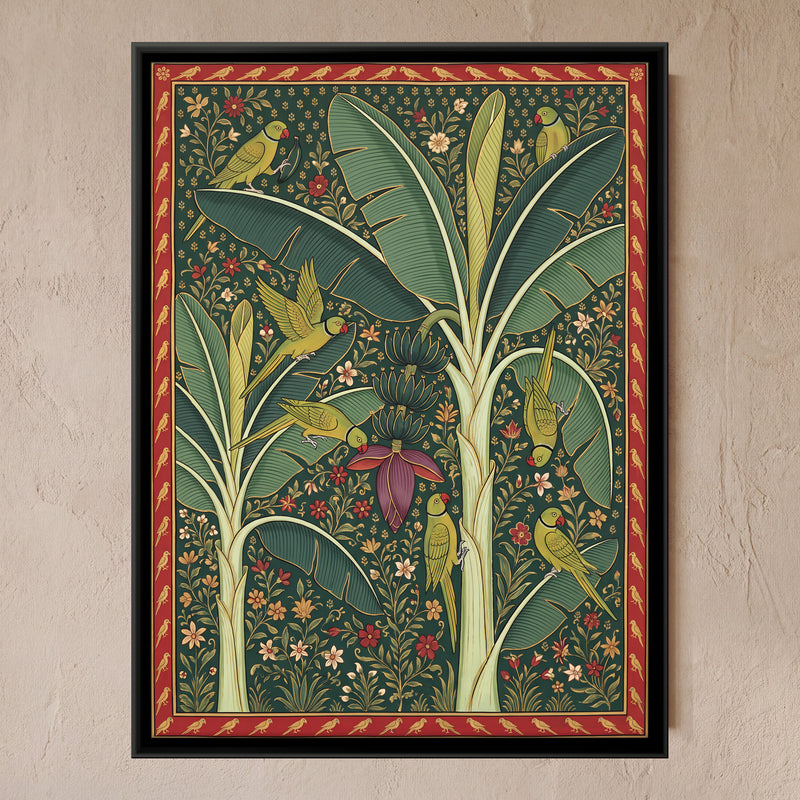 Parrots in a Banana Tree - framed canvas art hung on a wall