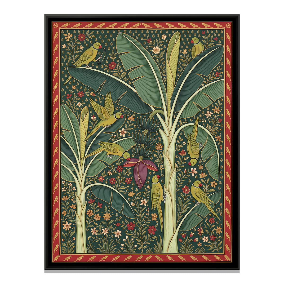 Parrots in a Banana Tree - framed canvas print, front view