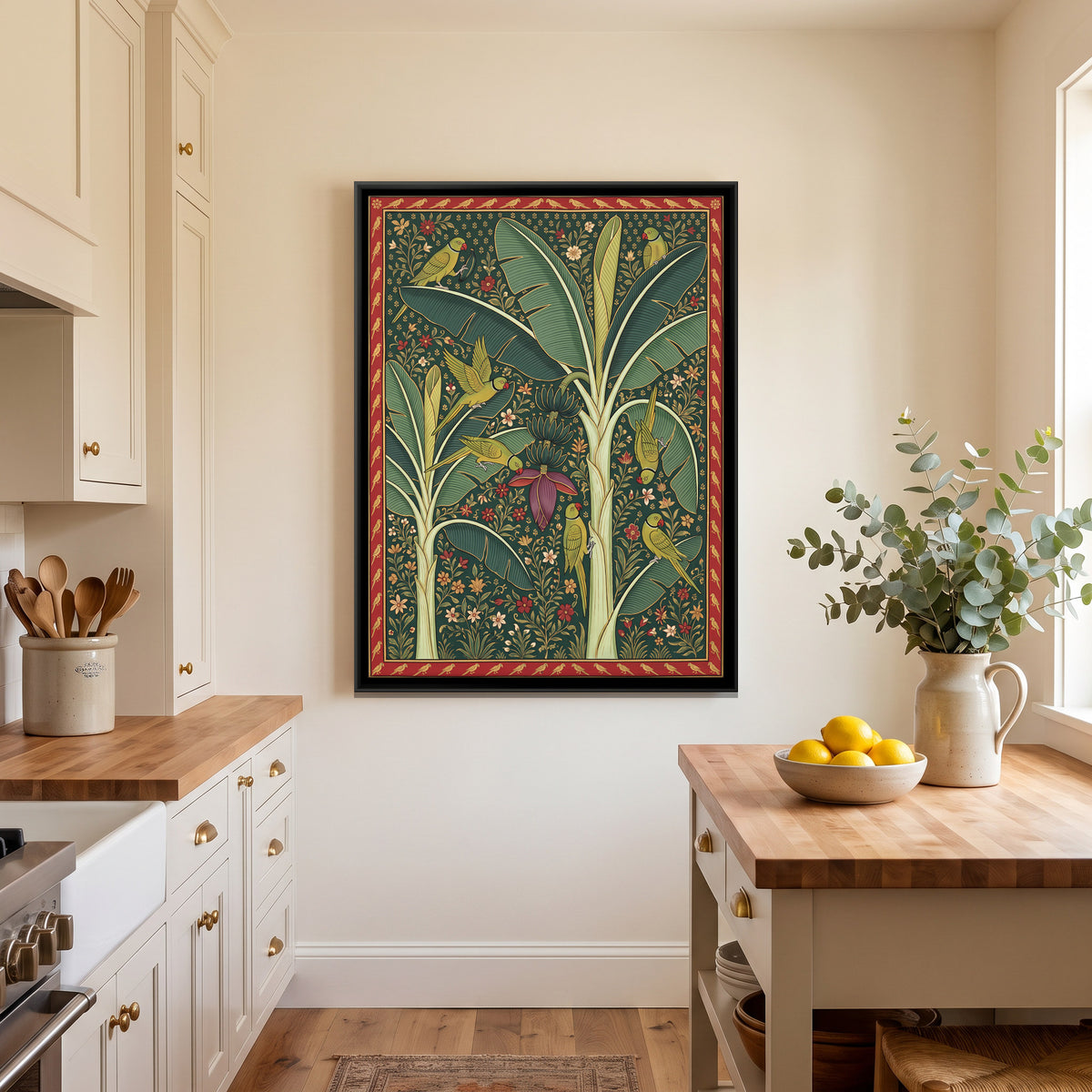 Parrots in a Banana Tree - canvas art shown in a styled room