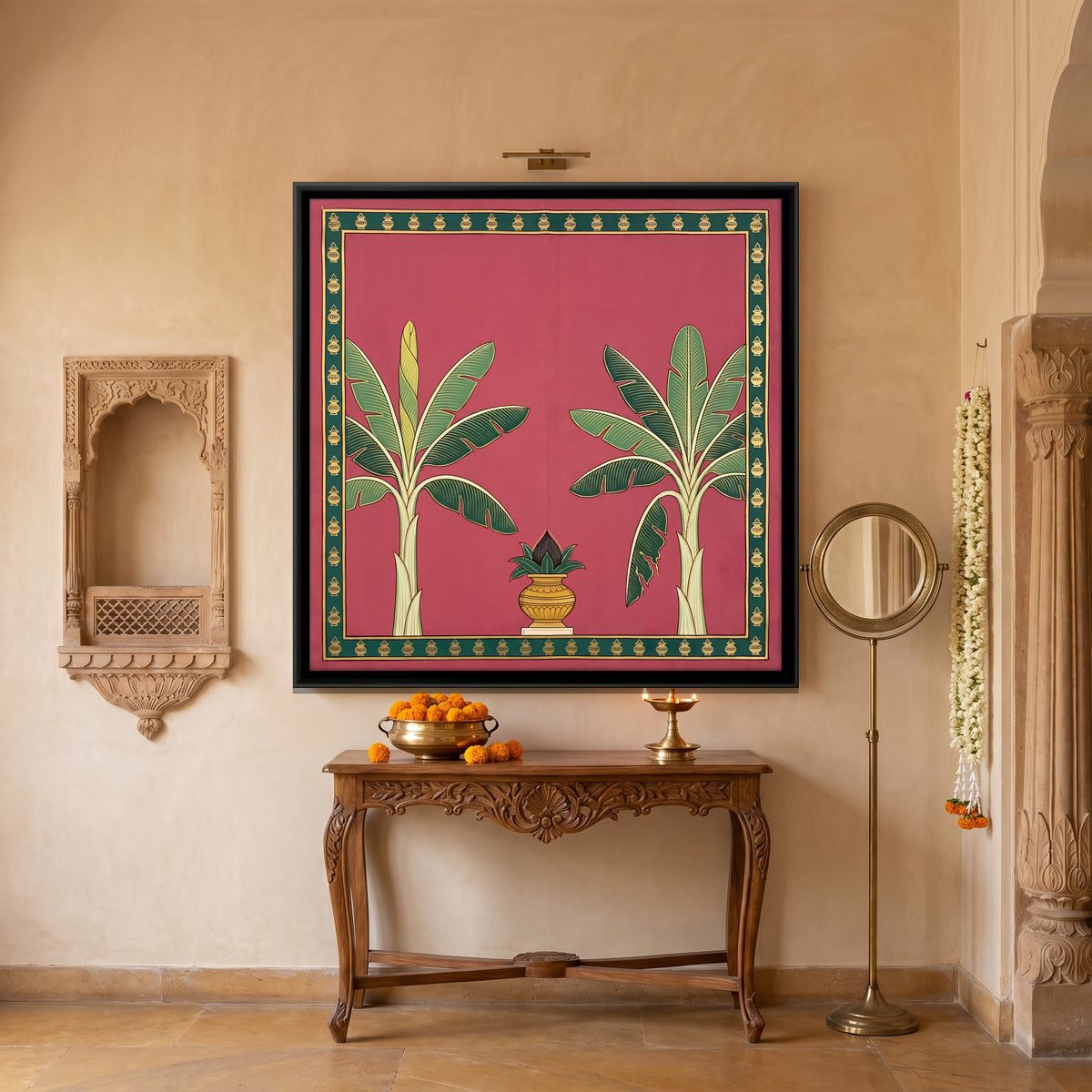 Kalash Between Banana Trees - canvas art shown in a second room setting