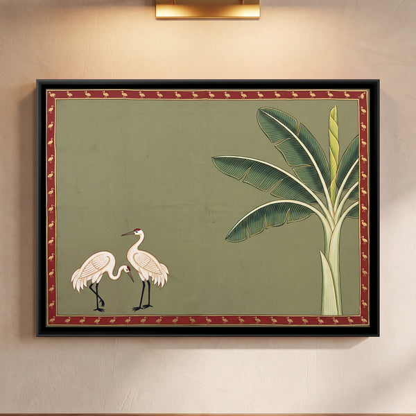 Two Cranes Beside a Banana Tree