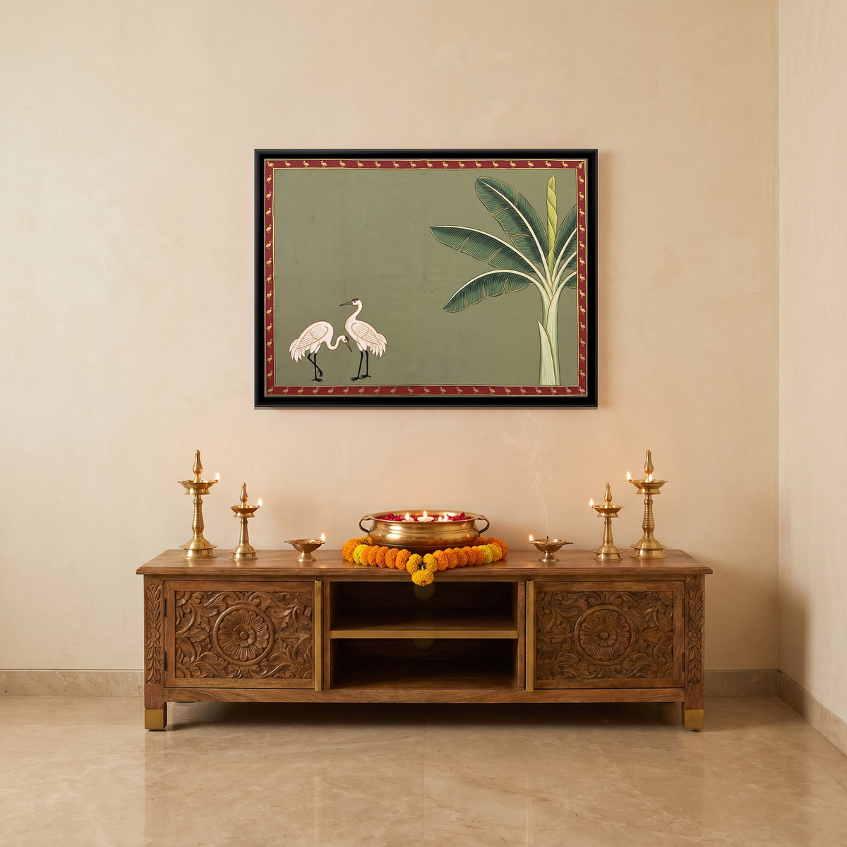 Cranes Beside a Banana Tree - canvas art shown in a styled room