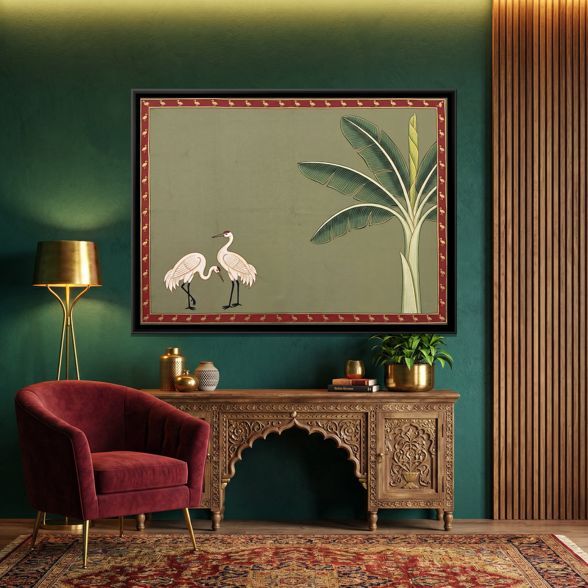 Cranes Beside a Banana Tree - canvas art shown in a second room setting