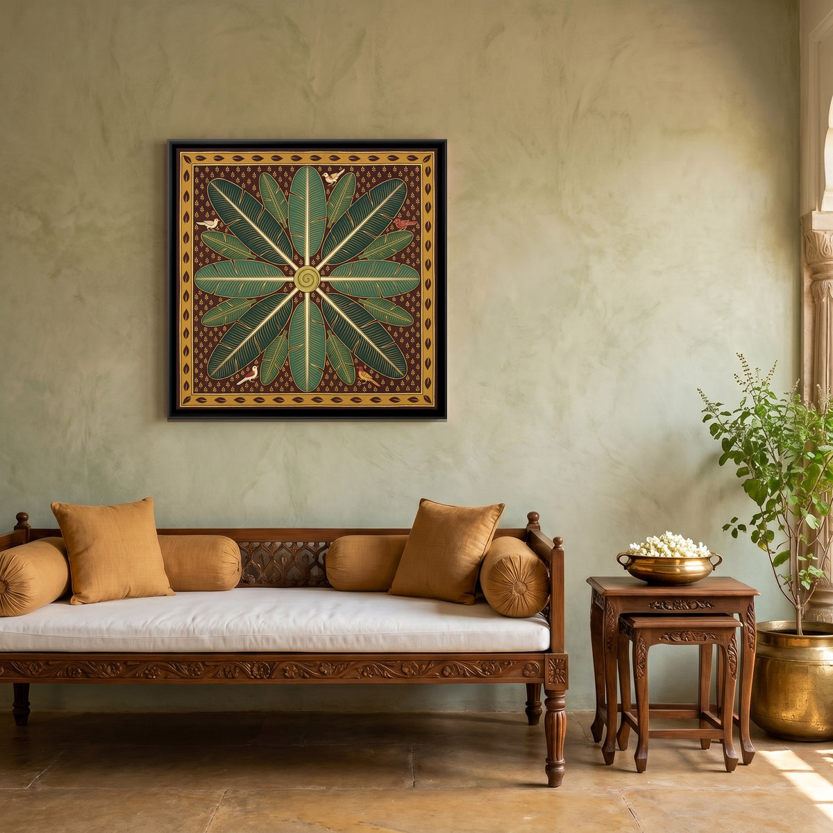 Banana Leaf Mandala - canvas art shown in a second room setting