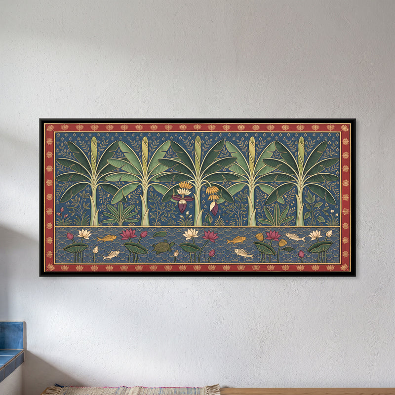 Banana Trees Above a Lotus Pond - framed canvas art hung on a wall