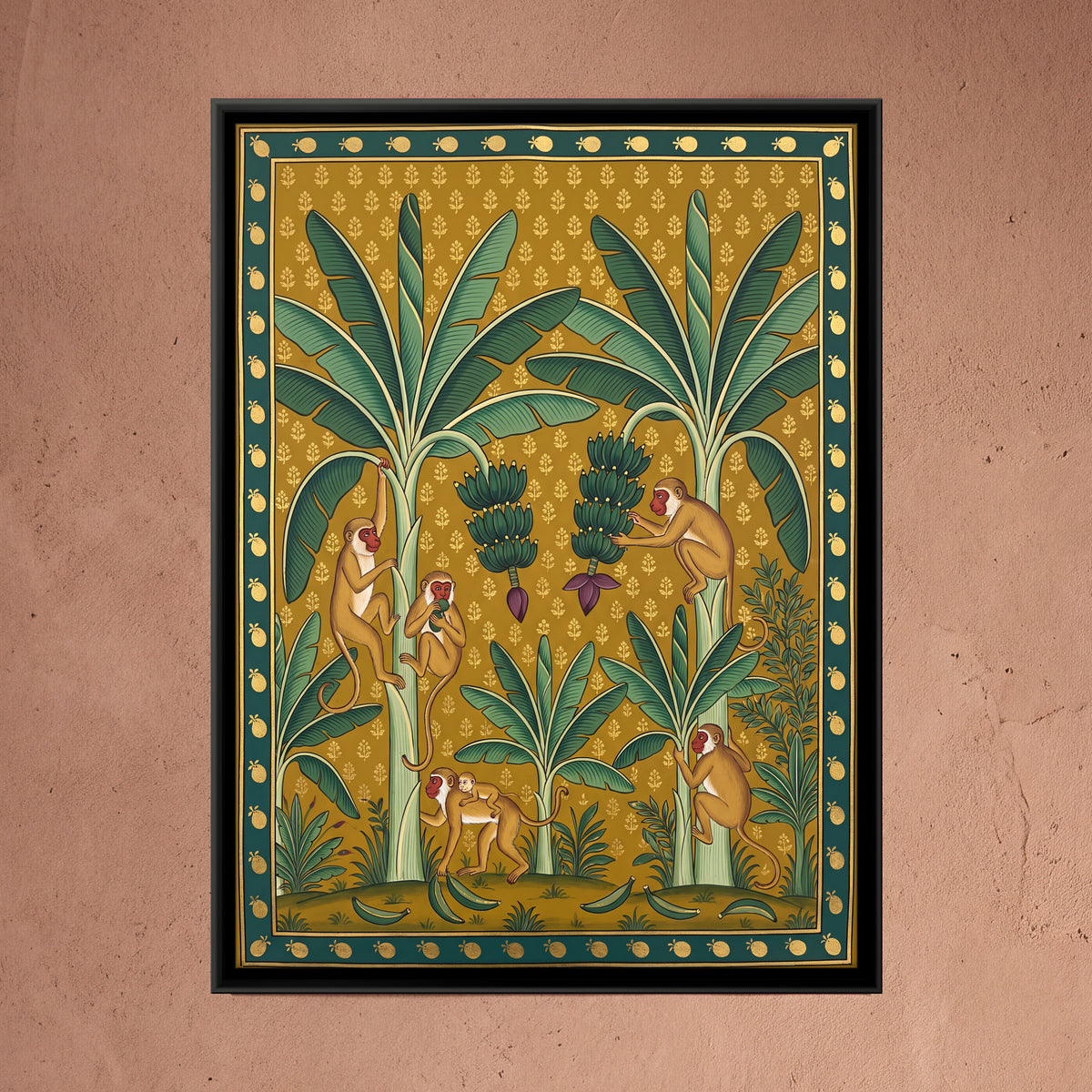 Monkeys in a Banana Grove - framed canvas art hung on a wall