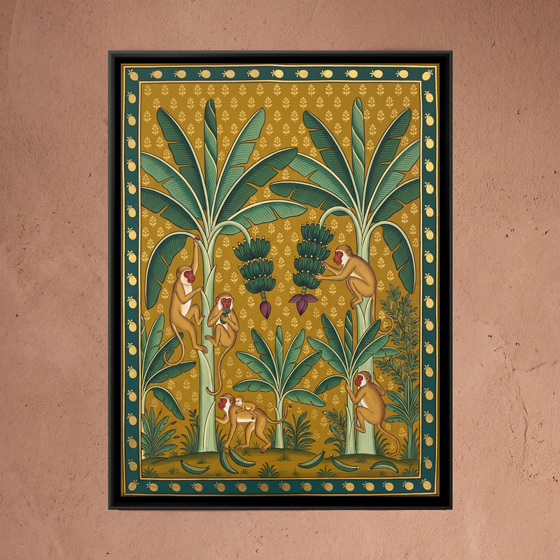 Monkeys in a Banana Grove - framed canvas art hung on a wall