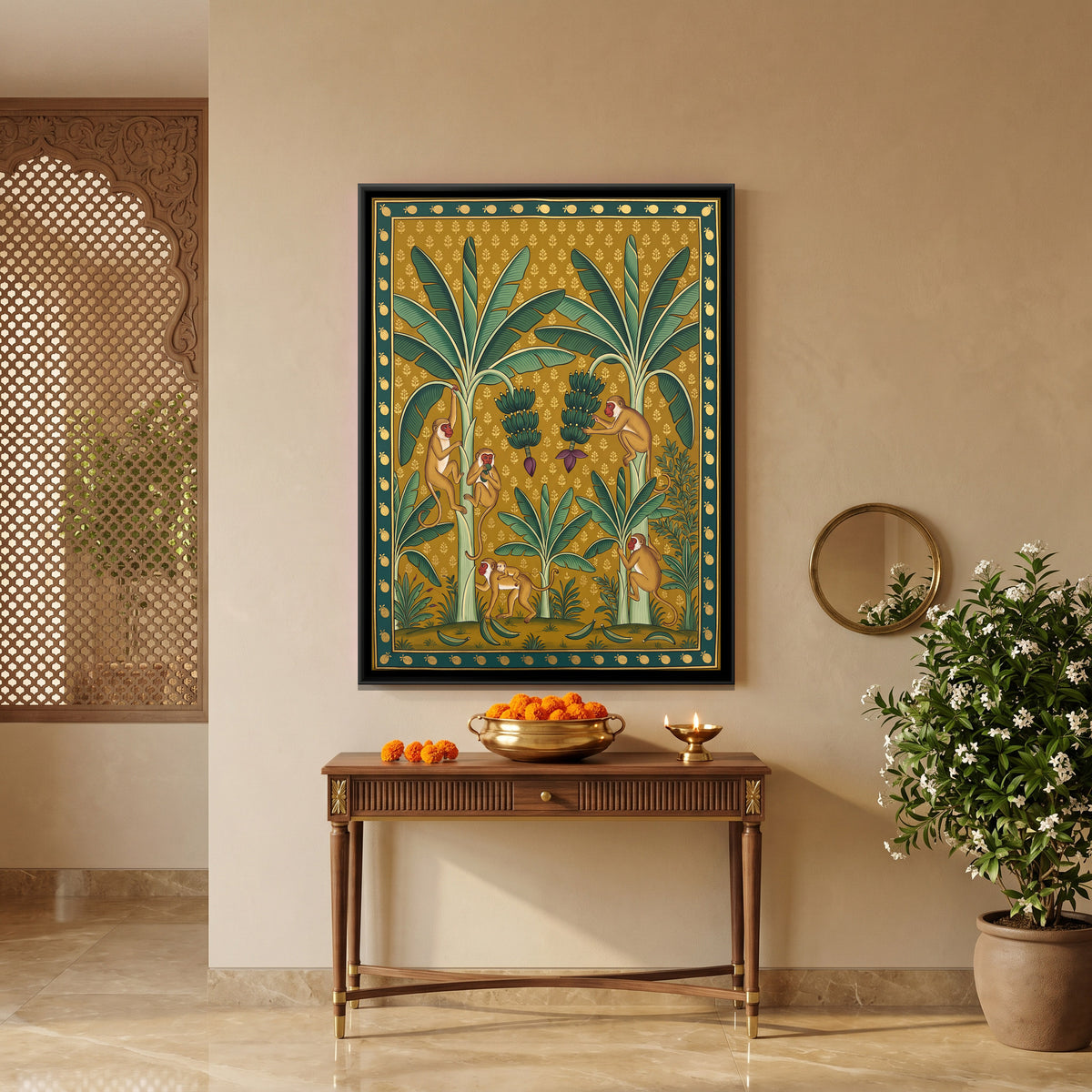 Monkeys in a Banana Grove - canvas art shown in a second room setting