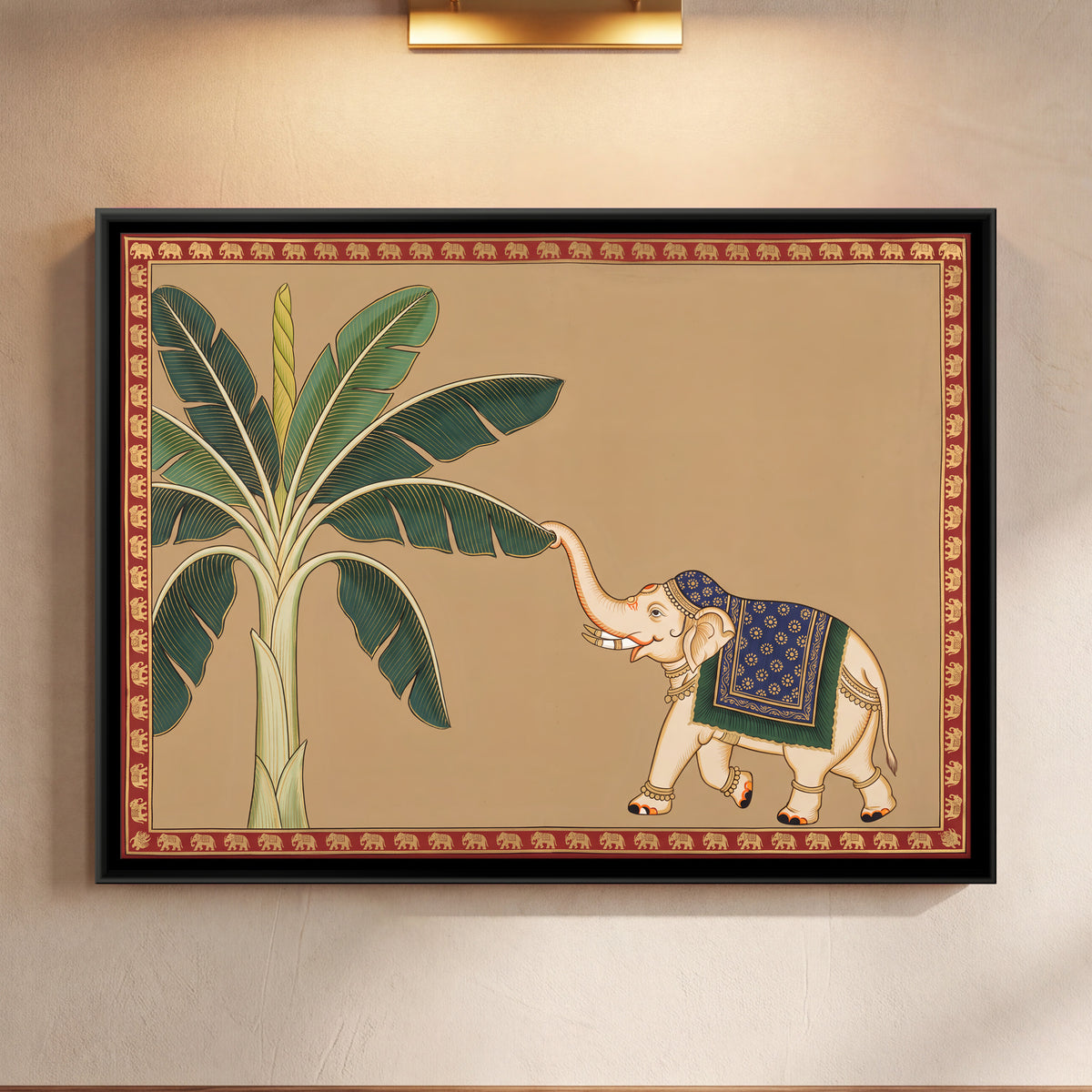 Elephant and Banana Tree - framed canvas art hung on a wall