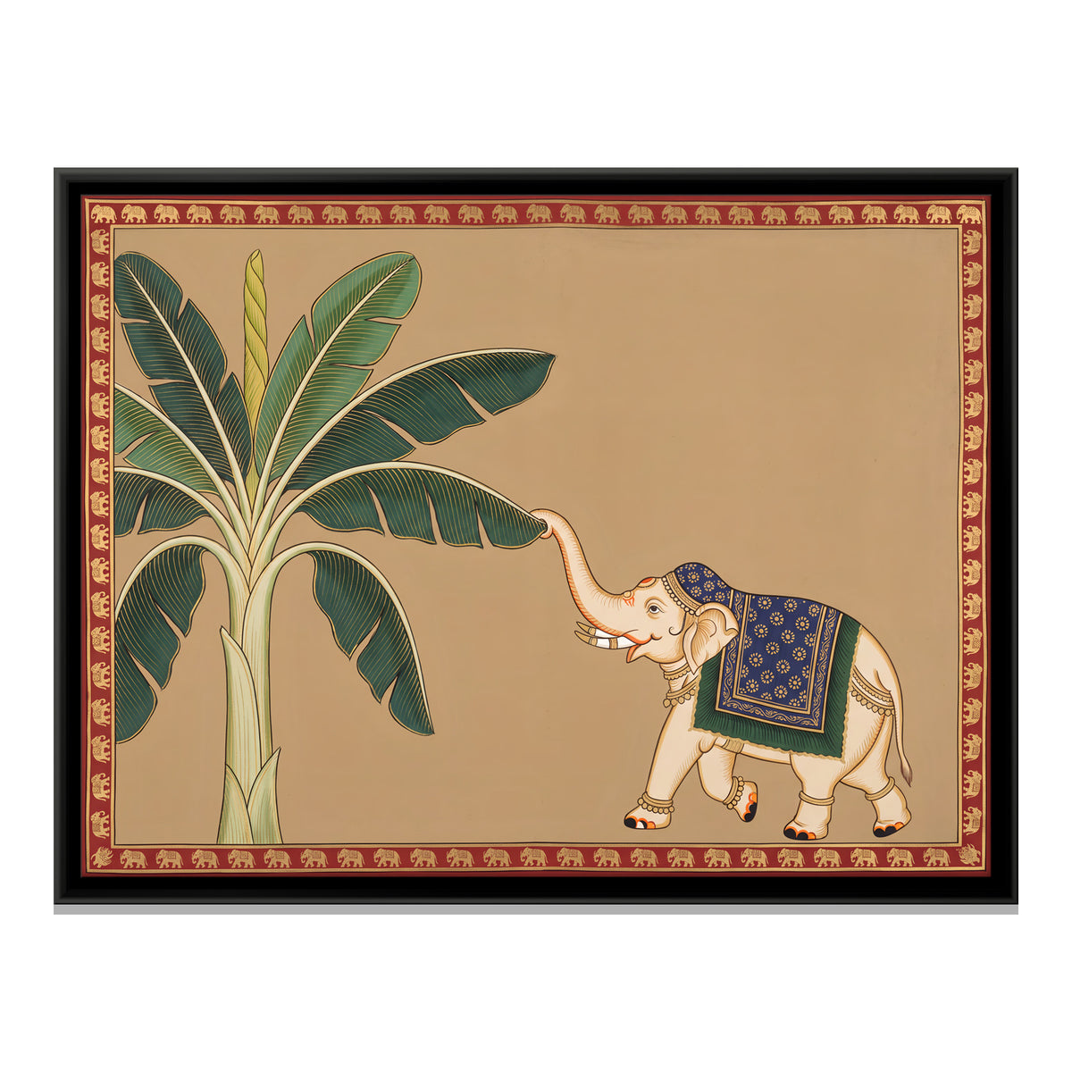 Elephant and Banana Tree - framed canvas print, front view