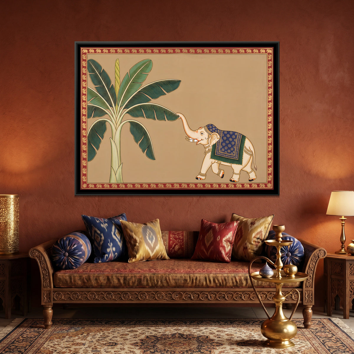 Elephant and Banana Tree - canvas art shown in a styled room