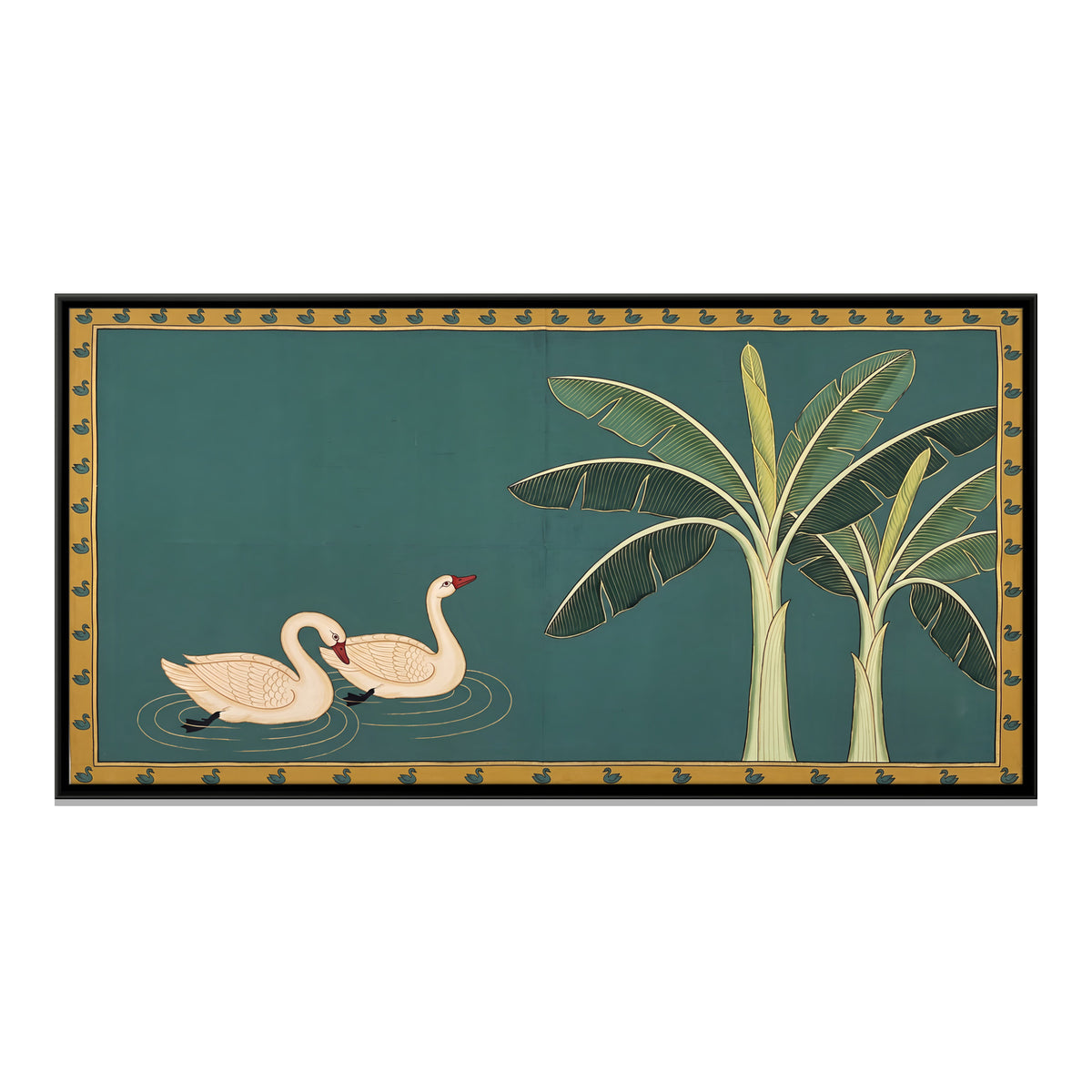 Swans Beside Banana Trees - framed canvas print, front view