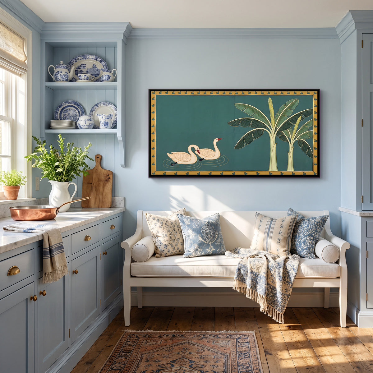 Swans Beside Banana Trees - canvas art shown in a styled room