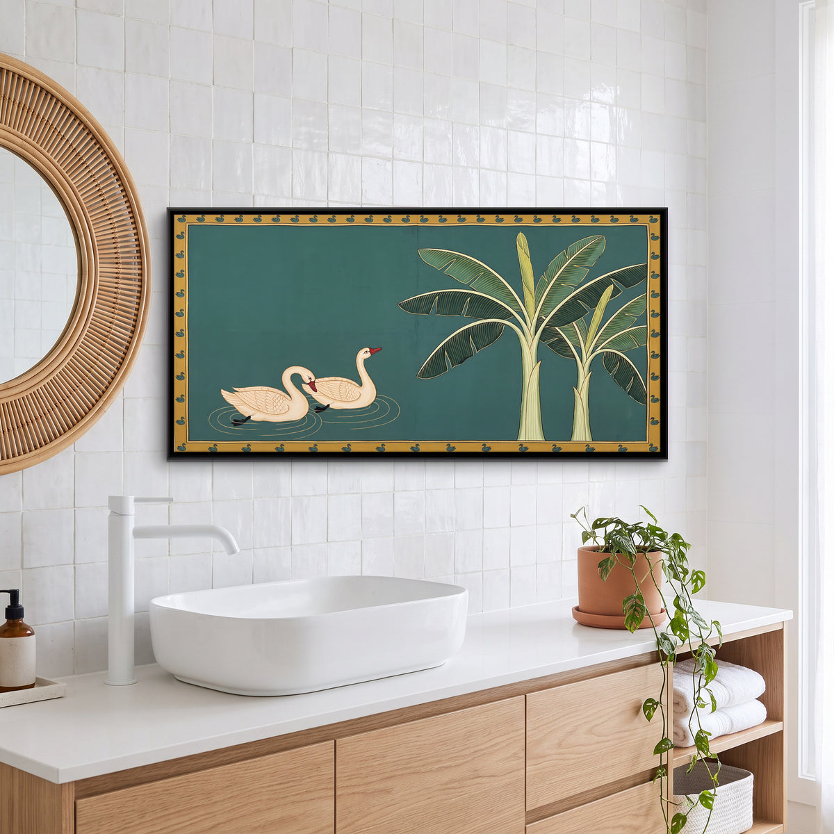 Swans Beside Banana Trees - canvas art shown in a second room setting