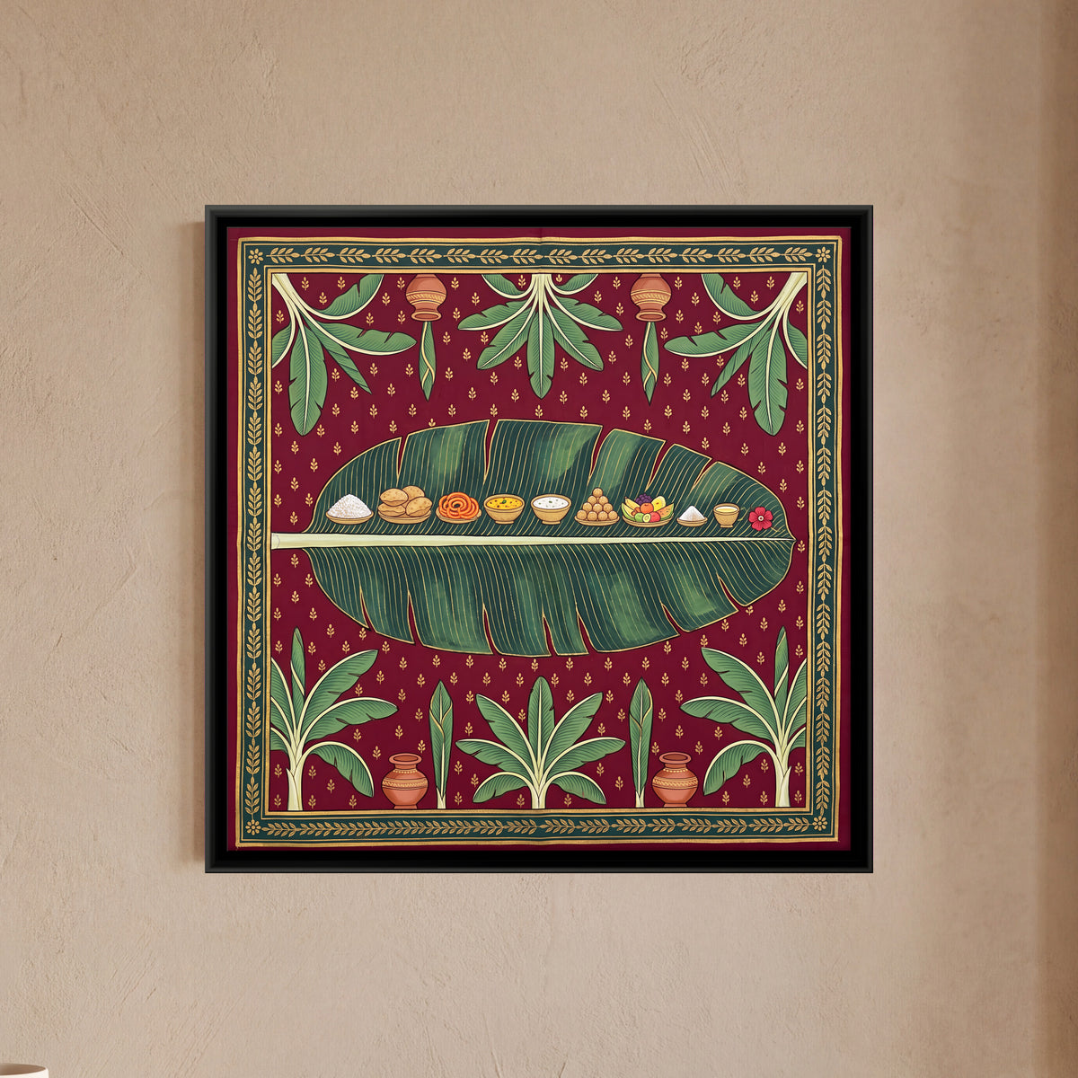 Offerings on a Banana Leaf - framed canvas art hung on a wall