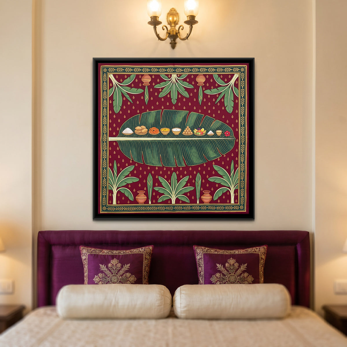 Offerings on a Banana Leaf - canvas art shown in a styled room