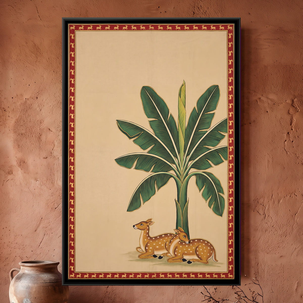 Deer Beneath a Banana Tree - framed canvas art hung on a wall