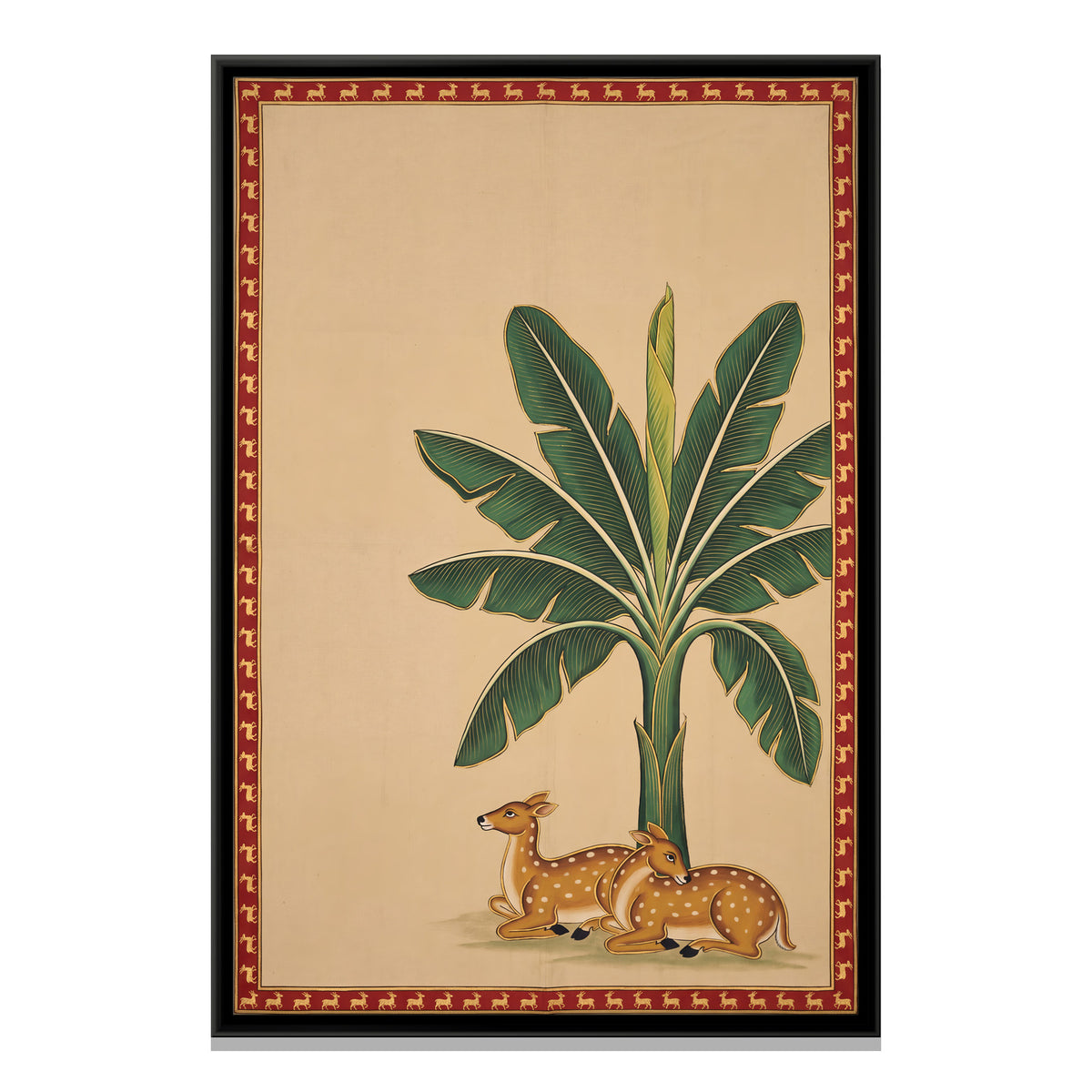 Deer Beneath a Banana Tree - framed canvas print, front view
