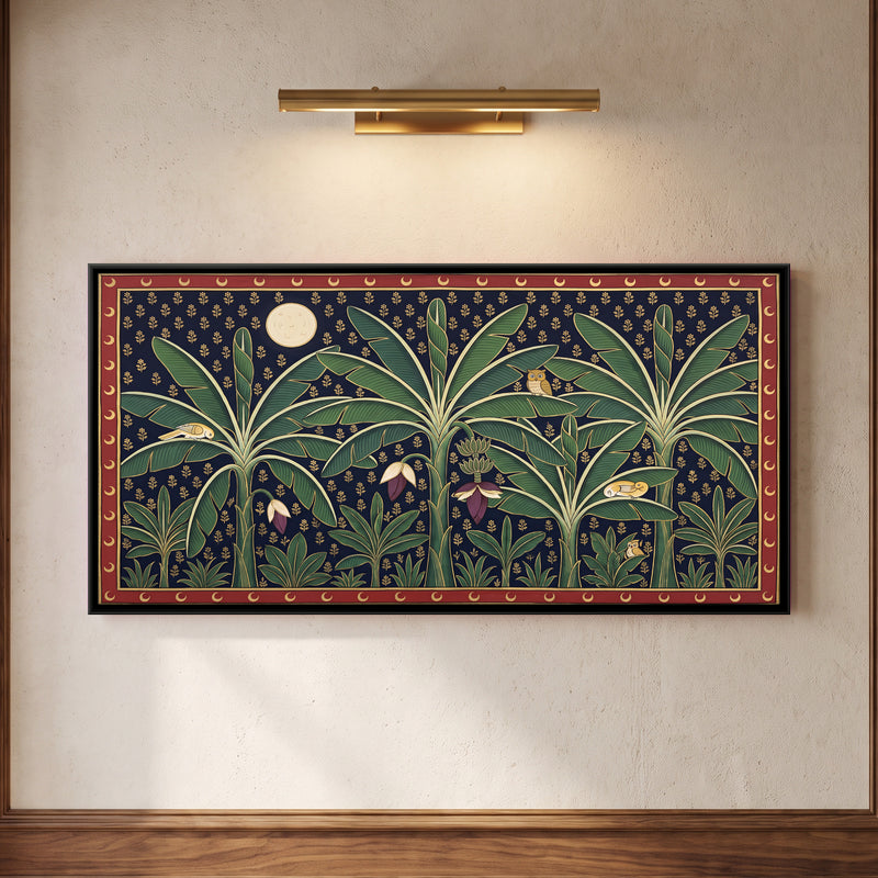 Moonlit Banana Grove with Owls - framed canvas art hung on a wall