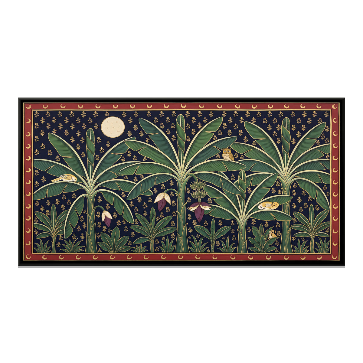 Moonlit Banana Grove with Owls - framed canvas print, front view