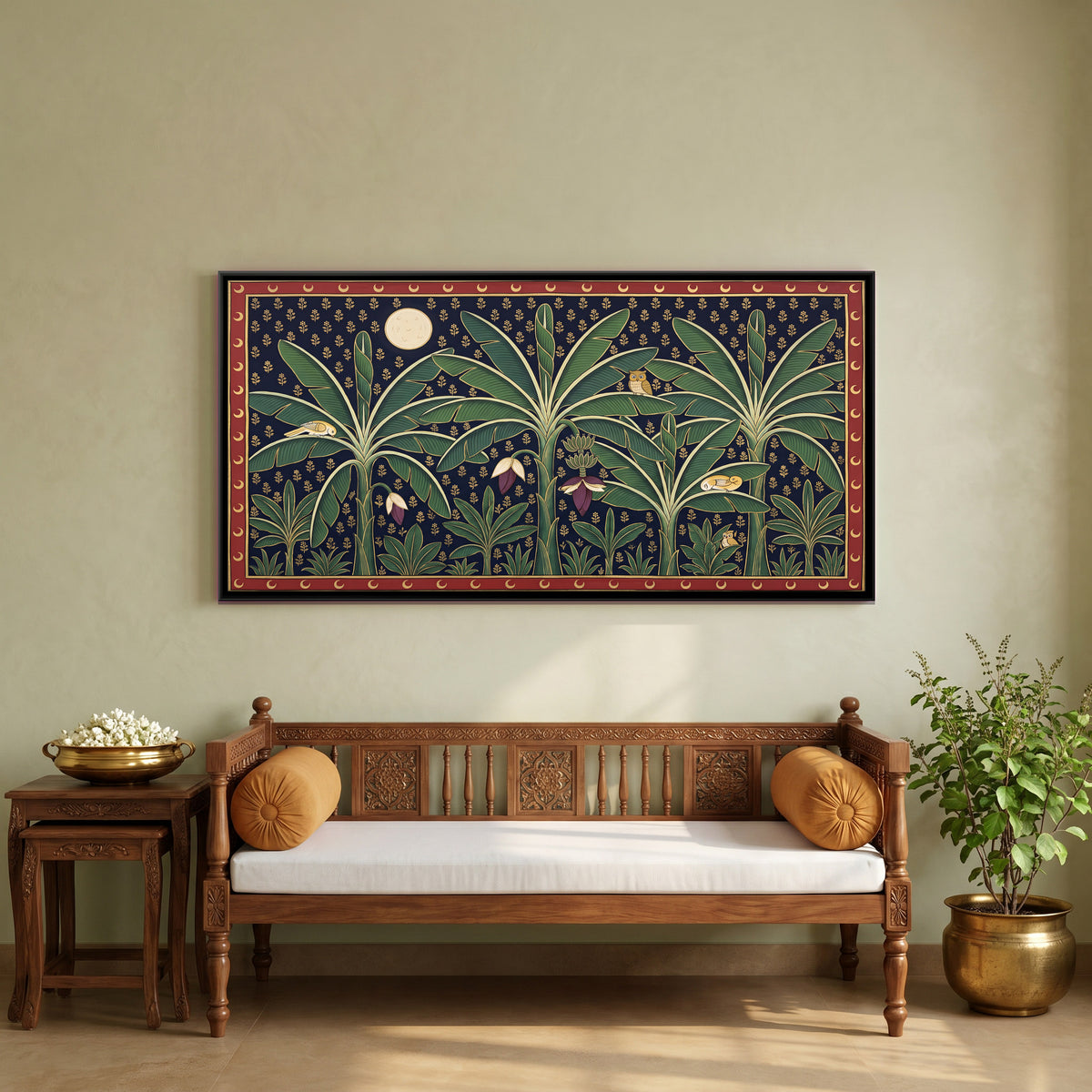 Moonlit Banana Grove with Owls - canvas art shown in a styled room