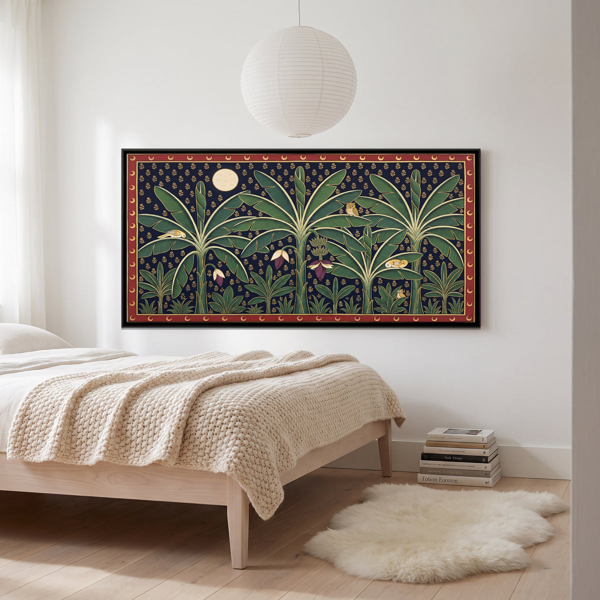 Moonlit Banana Grove with Owls - canvas art shown in a second room setting