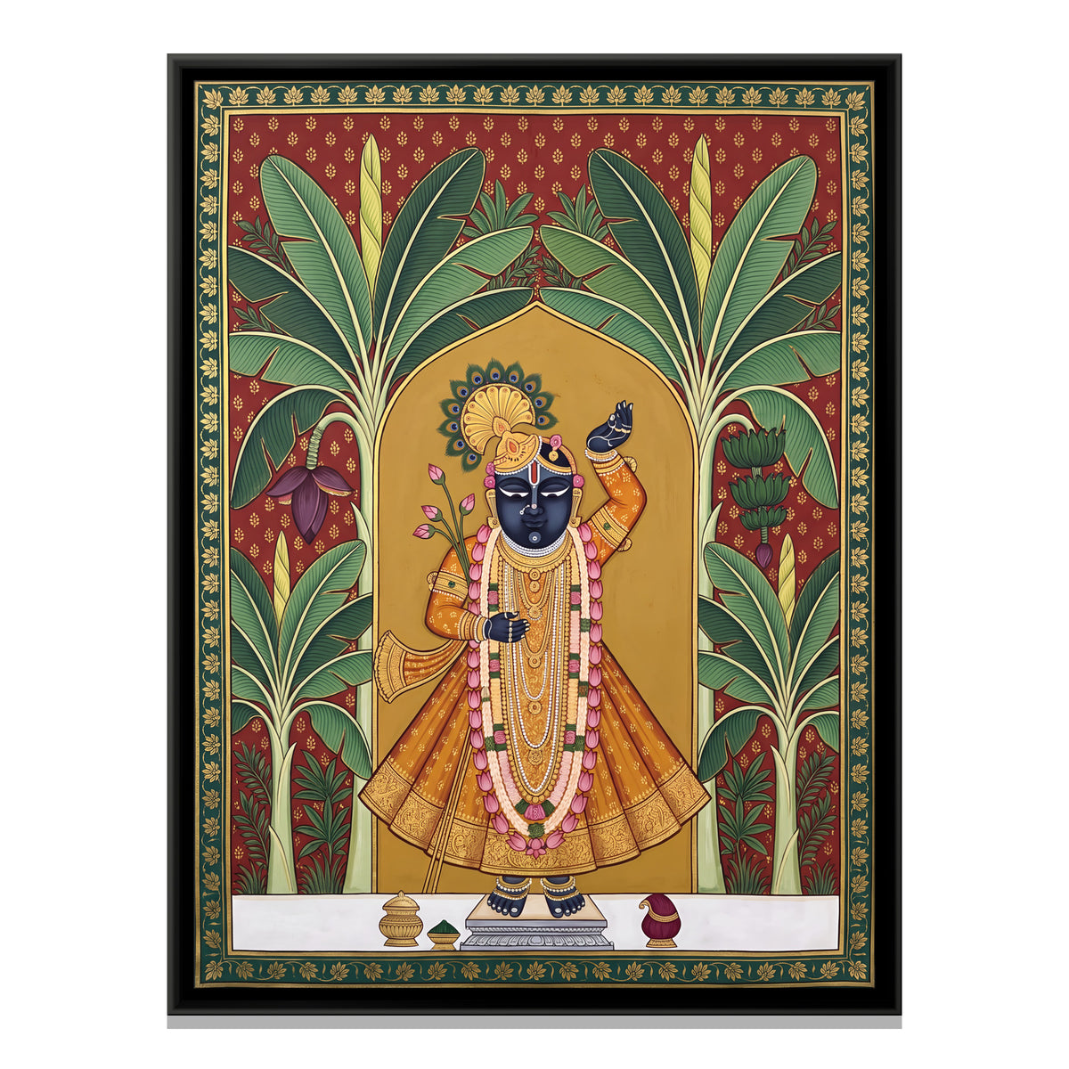 Shrinathji in a Banana Grove - framed canvas print, front view