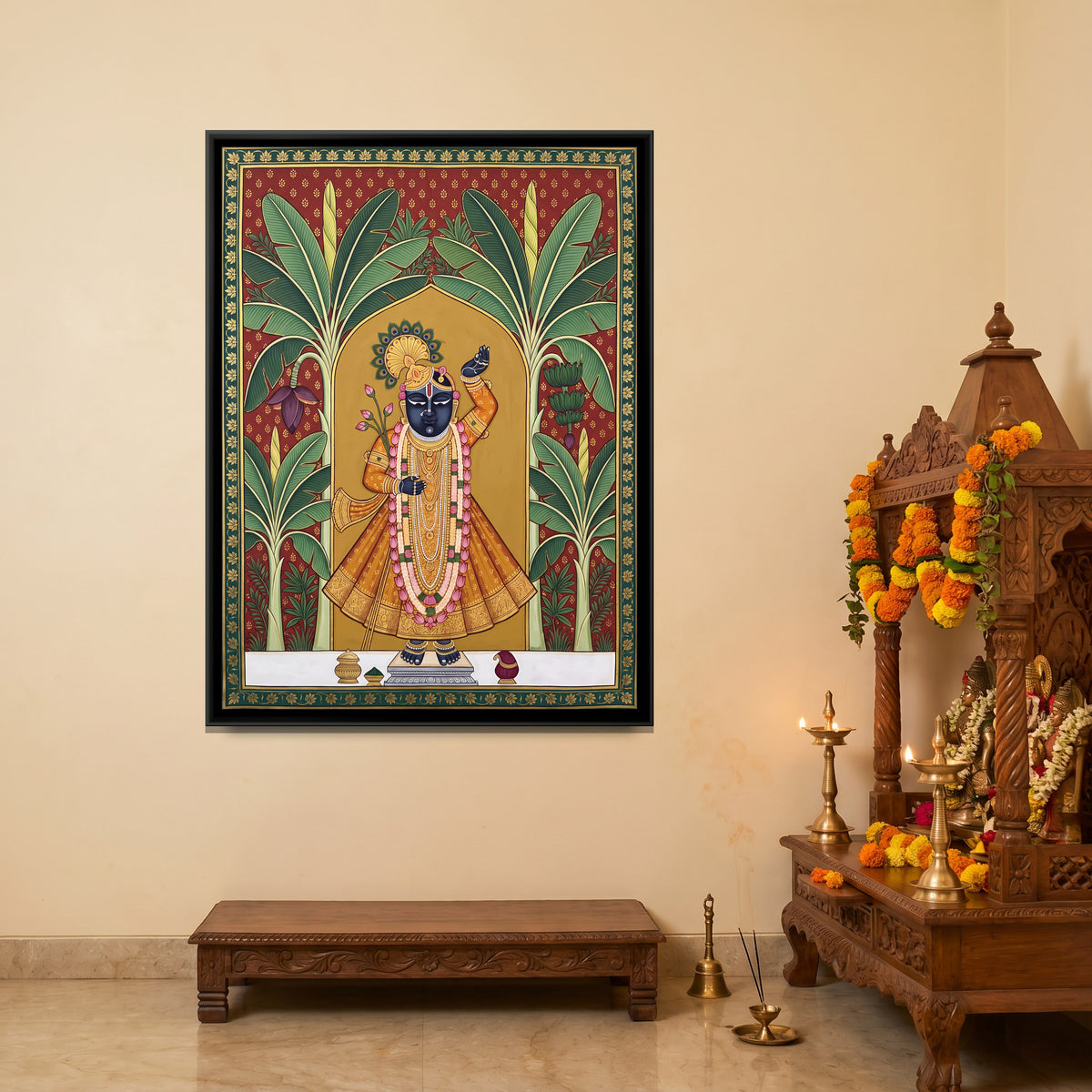 Shrinathji in a Banana Grove - canvas art shown in a styled room