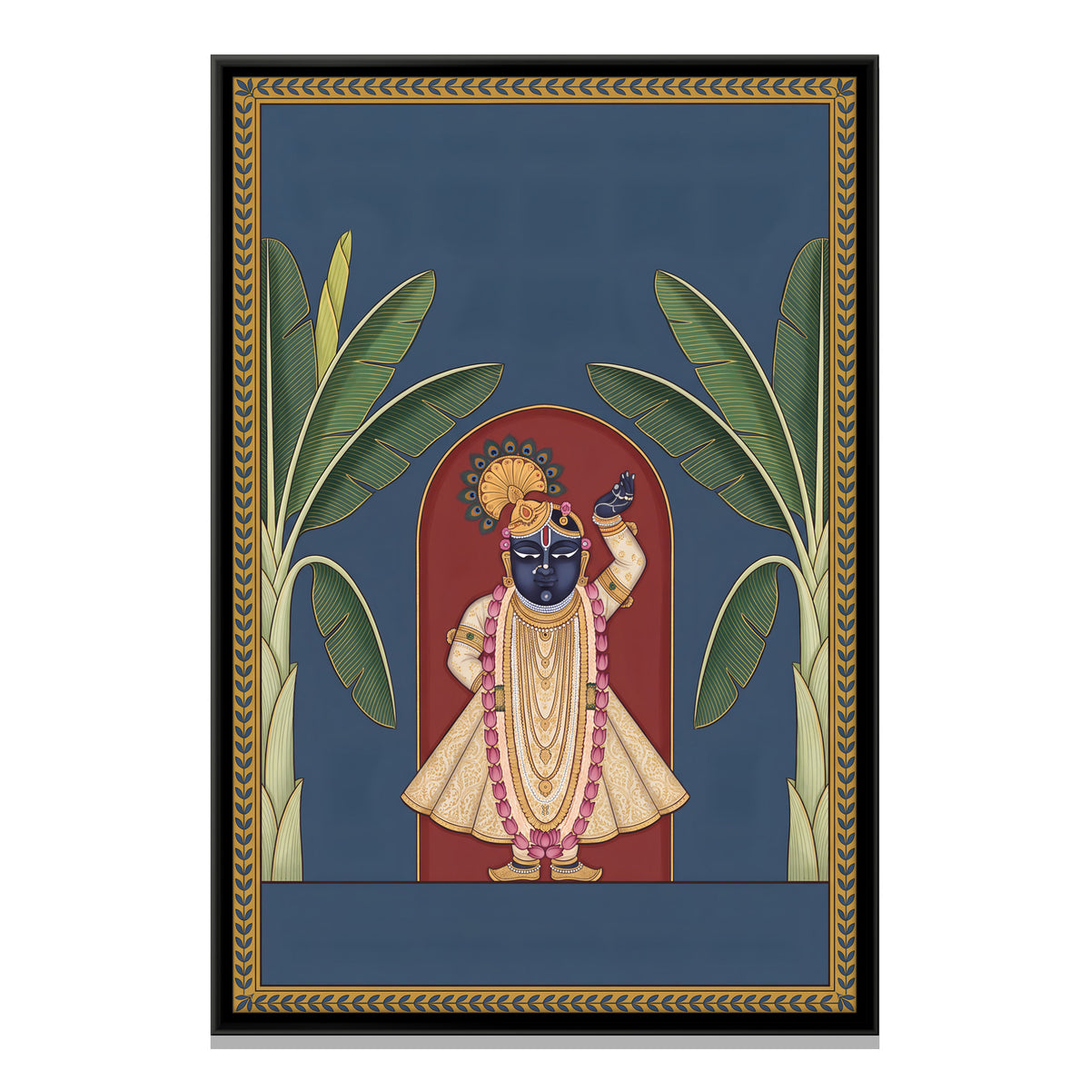 Shrinathji Between Two Banana Trees - framed canvas print, front view
