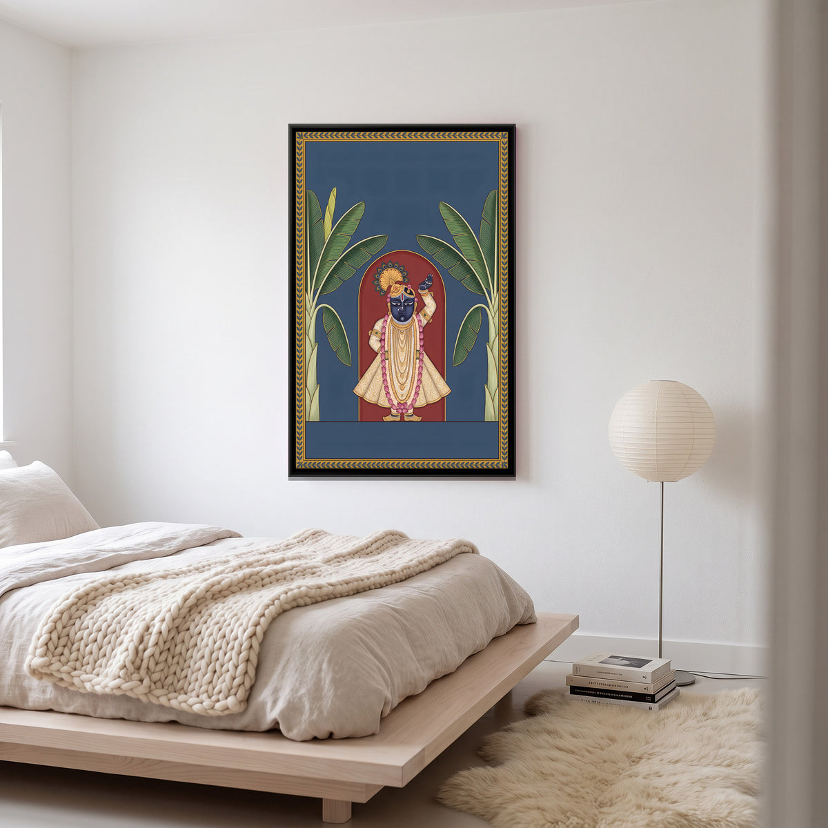 Shrinathji Between Two Banana Trees - canvas art shown in a styled room