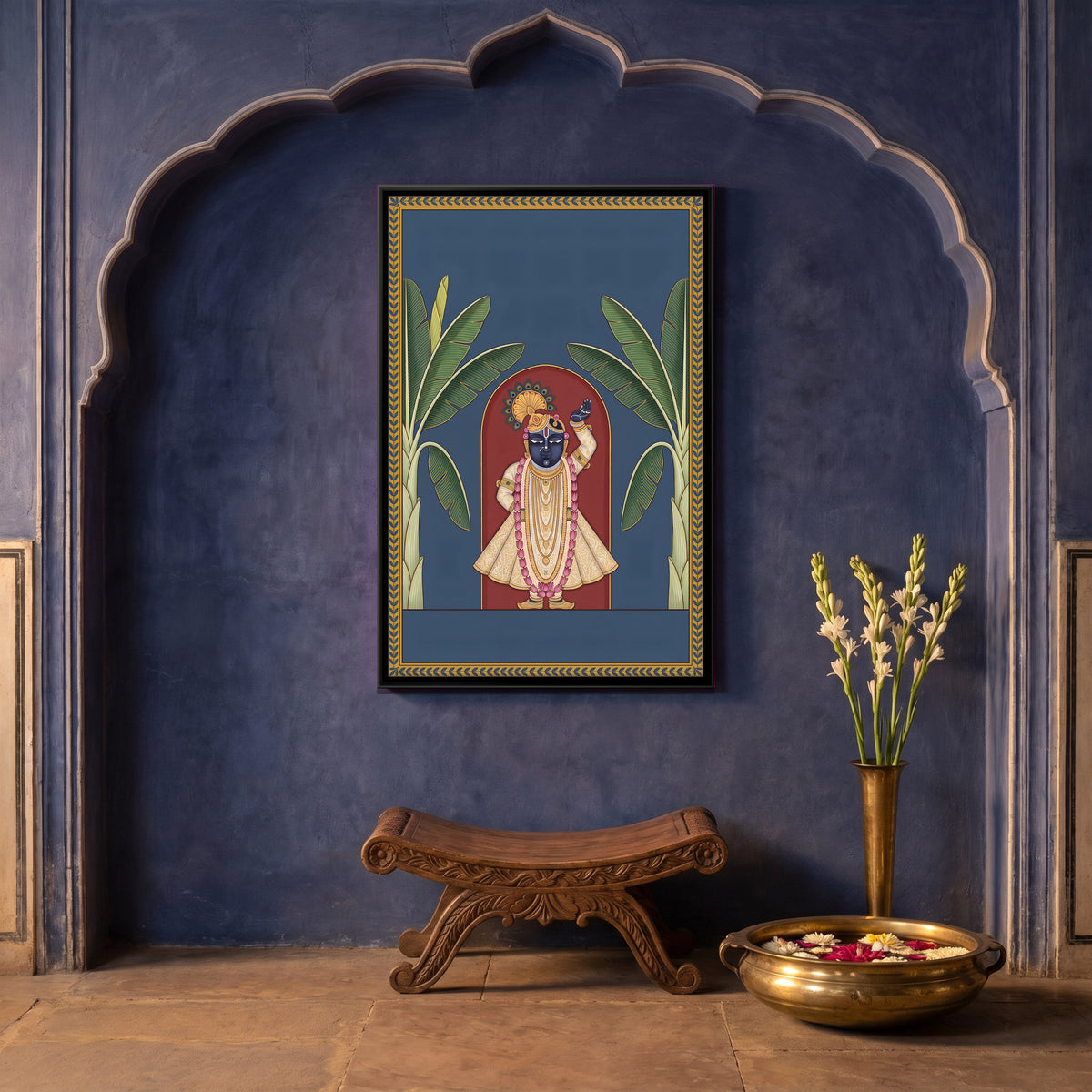 Shrinathji Between Two Banana Trees - canvas art shown in a second room setting