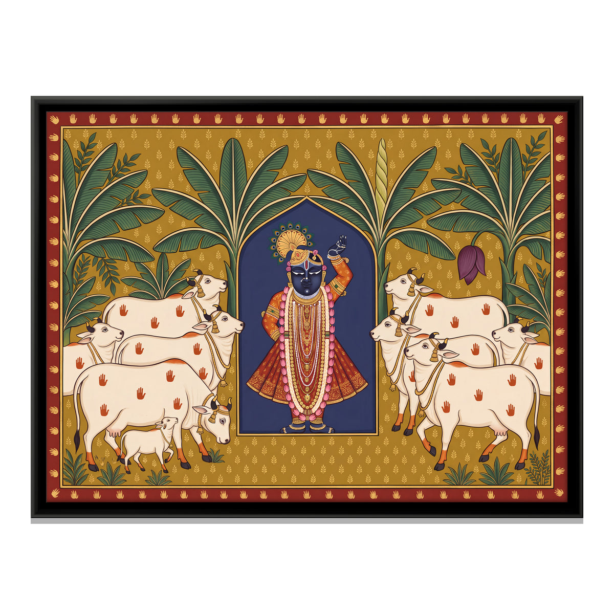 Shrinathji with Cows - framed canvas print, front view