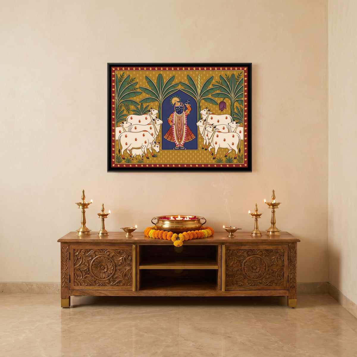 Shrinathji with Cows - canvas art shown in a second room setting