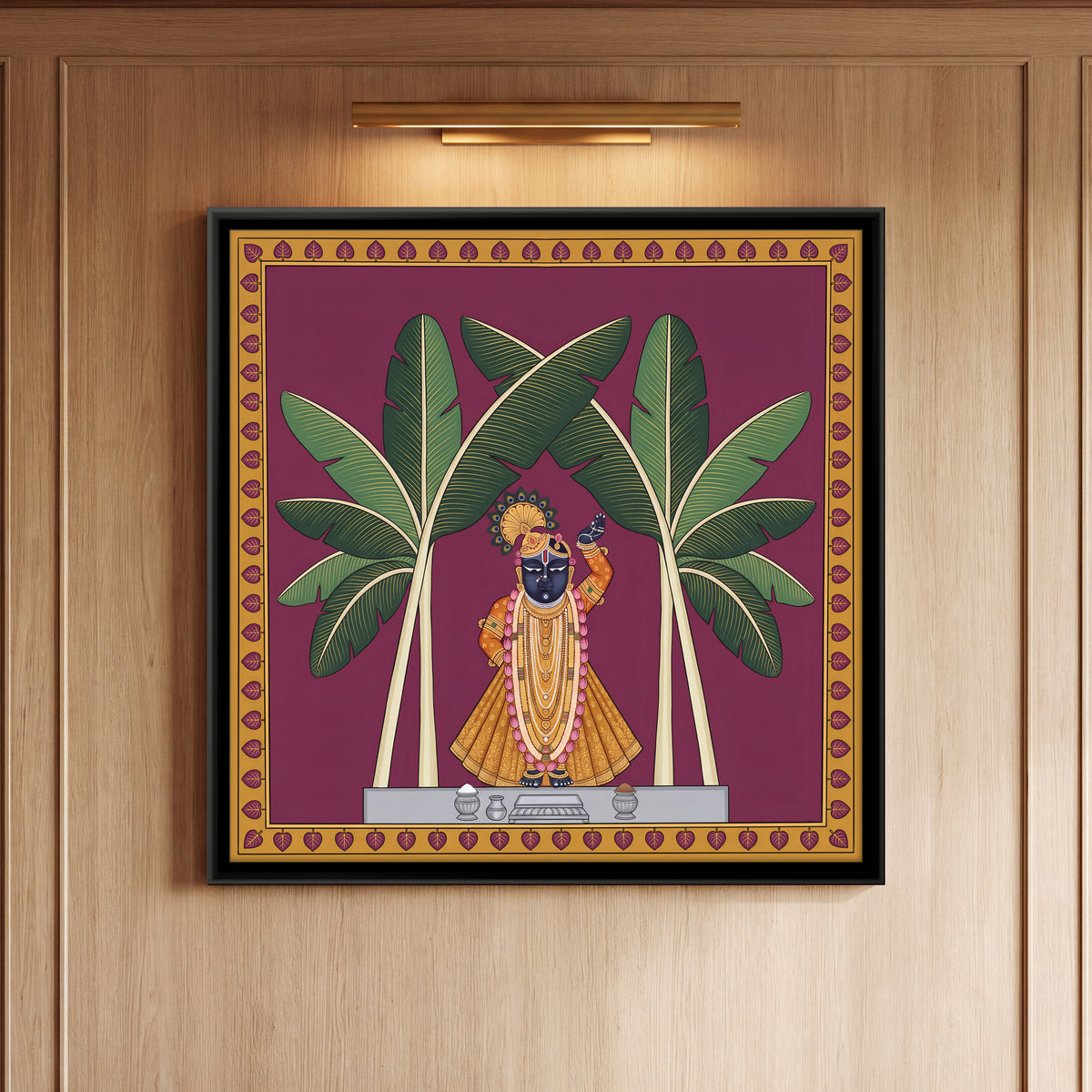 Shrinathji Between Two Banana Trees - framed canvas art hung on a wall