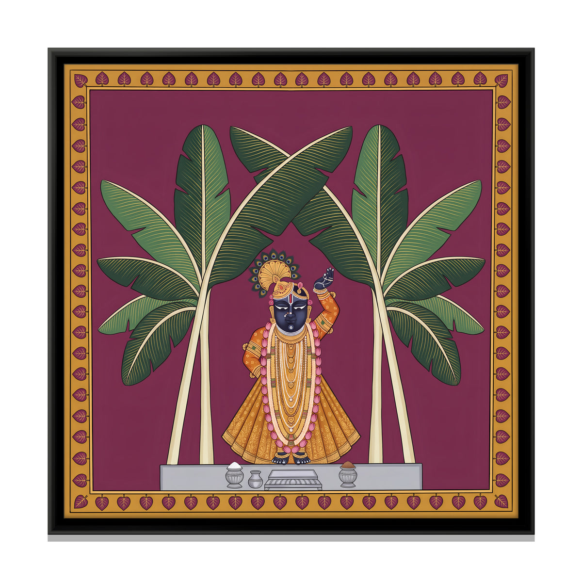 Shrinathji Between Two Banana Trees - framed canvas print, front view