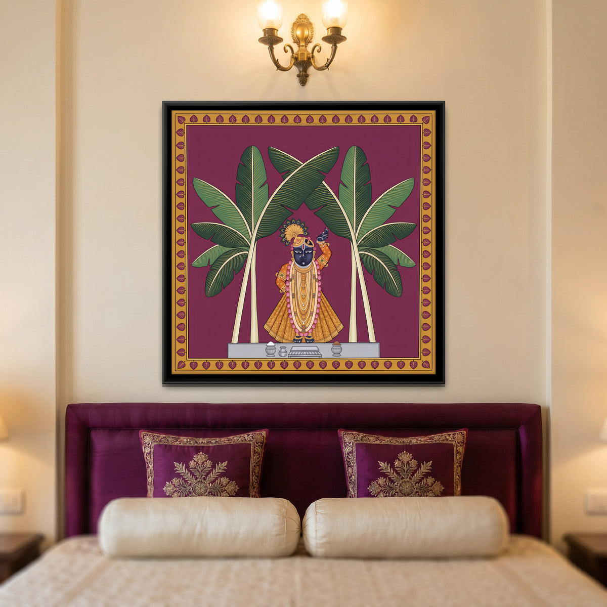 Shrinathji Between Two Banana Trees - canvas art shown in a second room setting