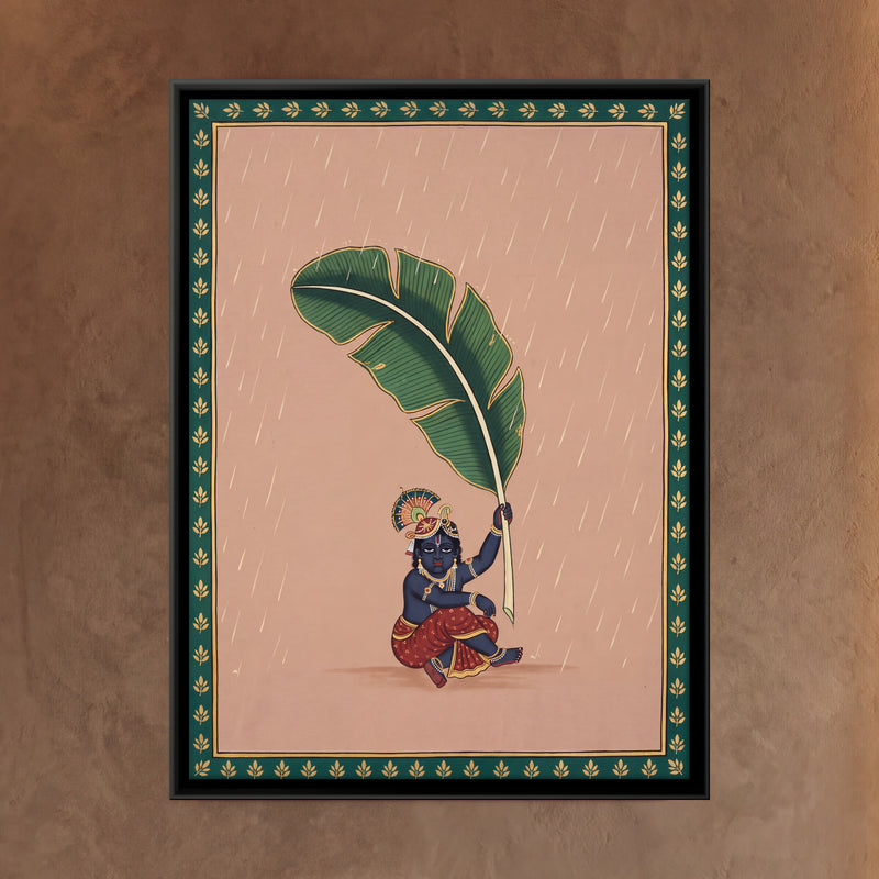Krishna Sheltering Under a Banana Leaf - framed canvas art hung on a wall