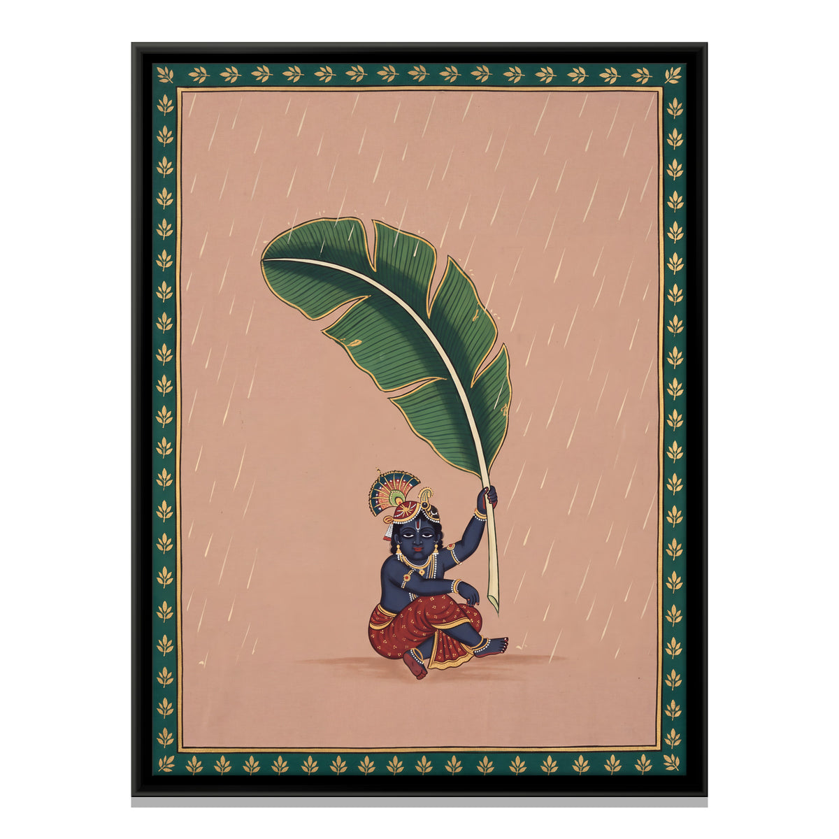 Krishna Sheltering Under a Banana Leaf - framed canvas print, front view