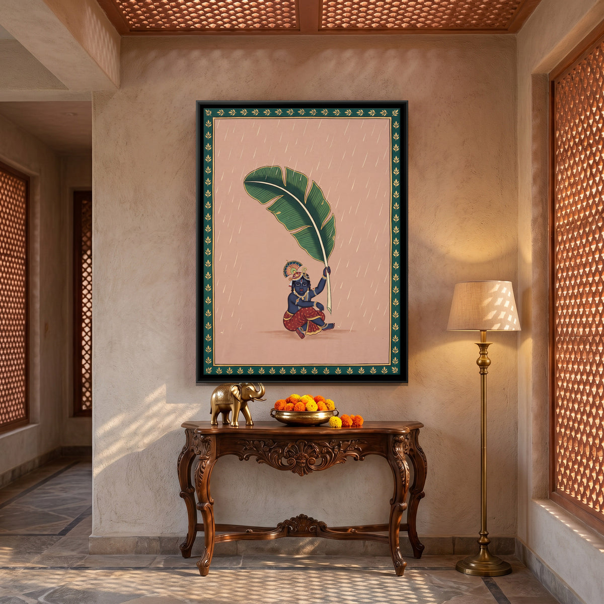 Krishna Sheltering Under a Banana Leaf - canvas art shown in a styled room