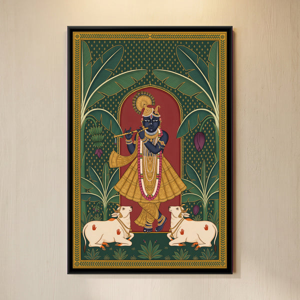 Shri Krishna Playing Flute with Cows and Banana Trees
