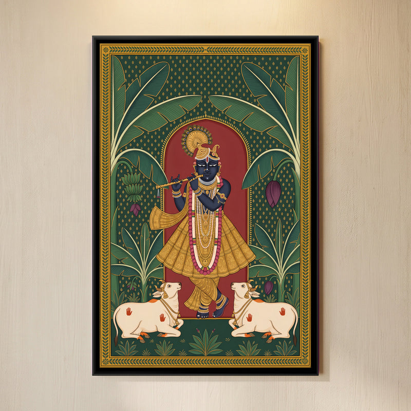 Krishna Playing the Flute with Cows - framed canvas art hung on a wall
