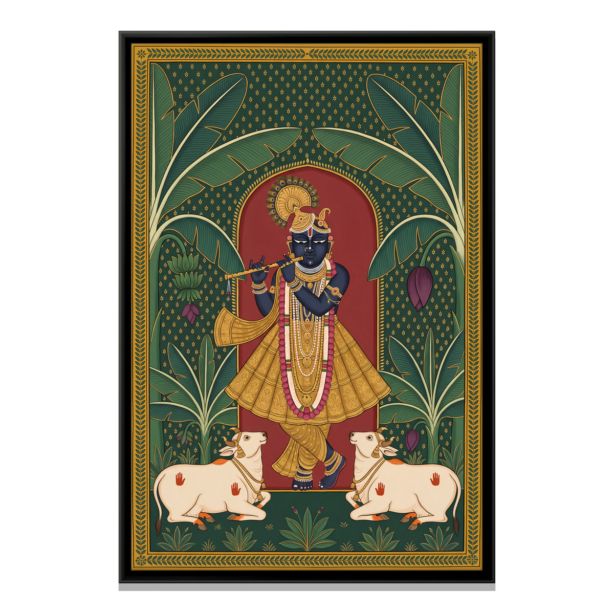 Krishna Playing the Flute with Cows - framed canvas print, front view